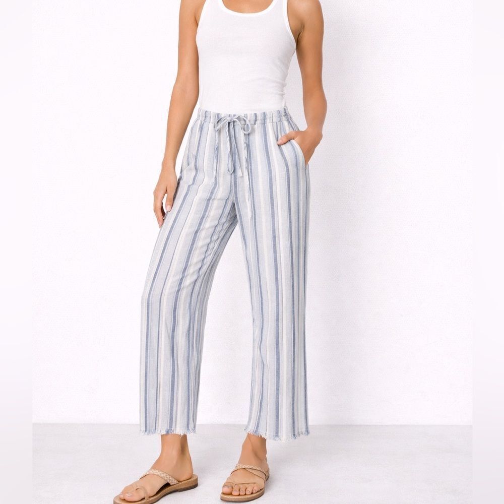 NIC+ZOE Blue White Striped Cotton Linen Pants Fringe Hem Size 10